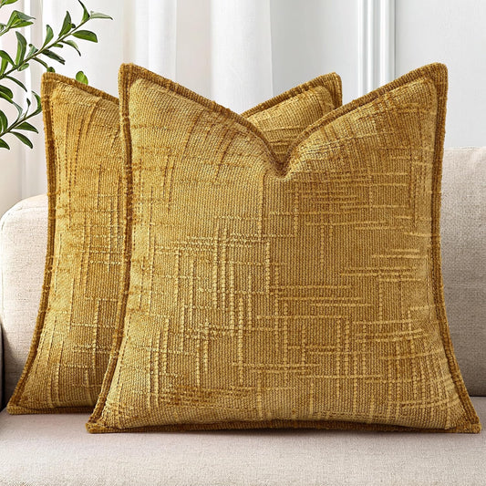 decorUhome Chenille Fall Throw Pillow Covers 18x18 Set of 2, Mustard Yellow