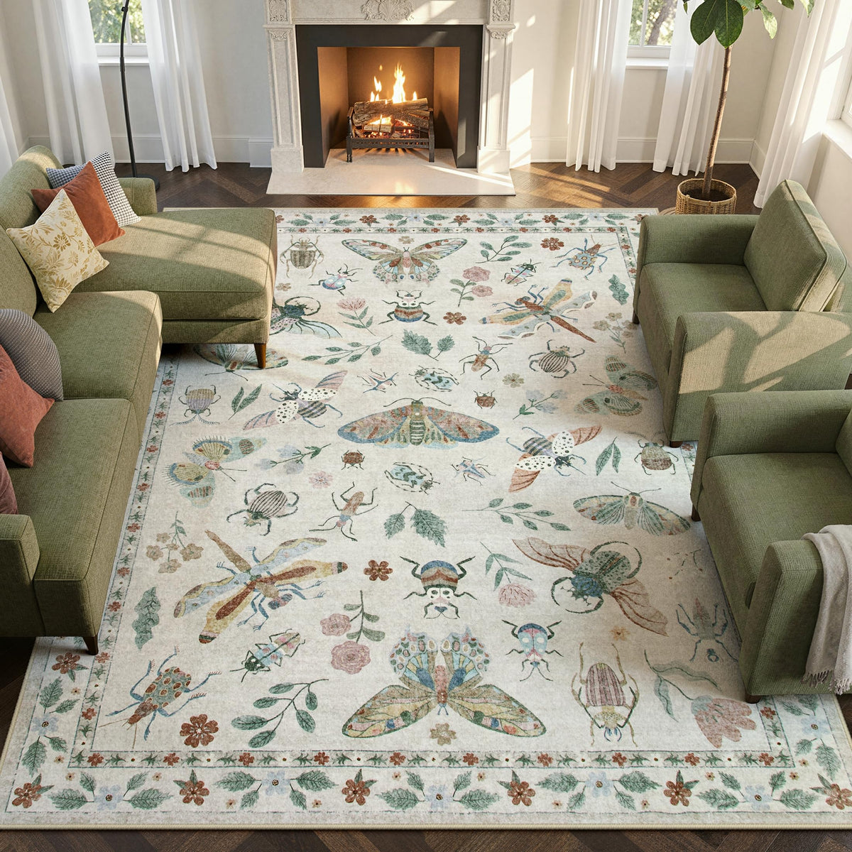 Lahome Bug Washable Area Rugs 5x7, Soft Green Rug for Living Room Bedroom