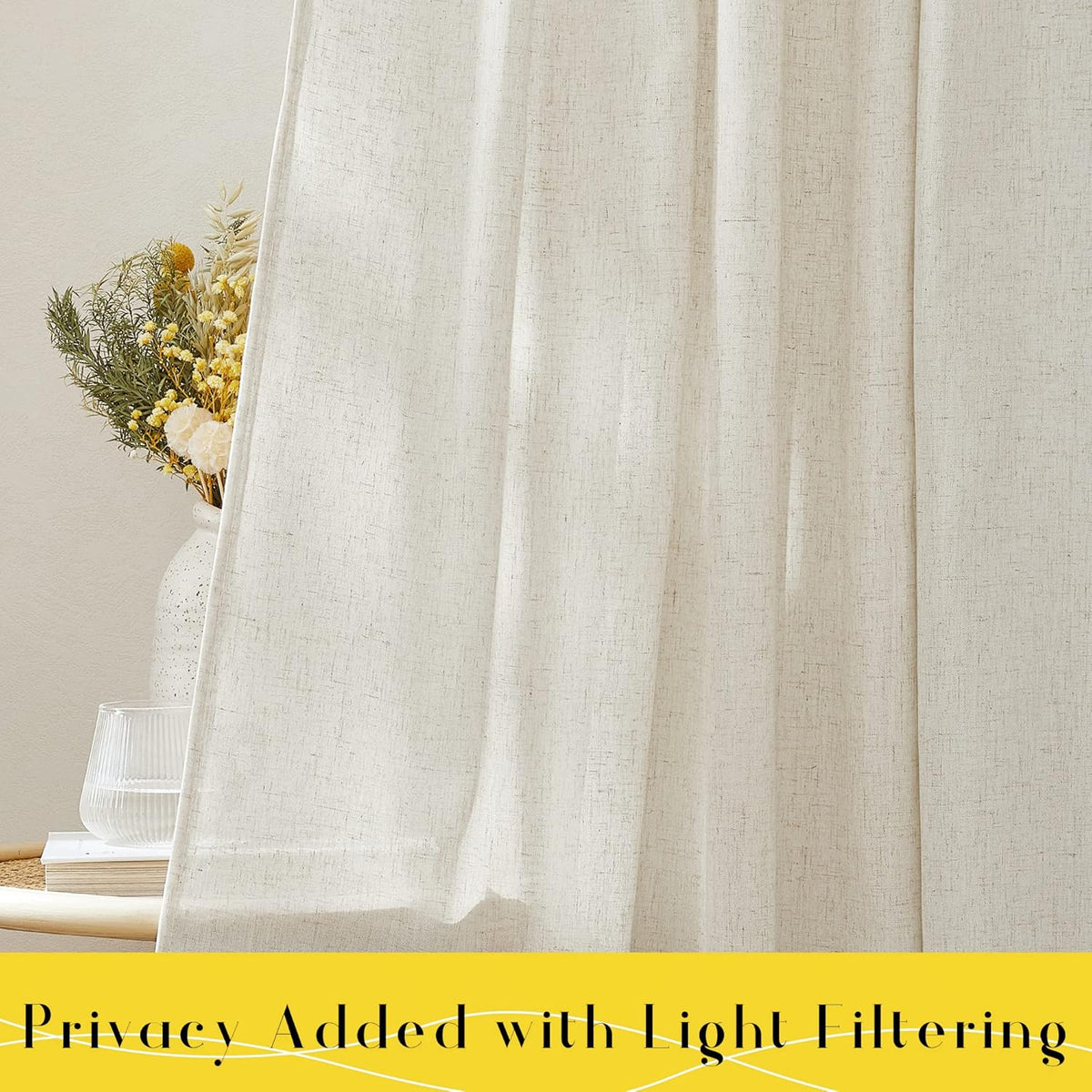 NICETOWN Thick Linen Curtains 84 inch Length 2 Panels Set, Tie Top Light Filtering Curtains Semitransparent Linen Burlap Drapes Privacy for Bedroom/Princess Room, W52 x L84, Natural