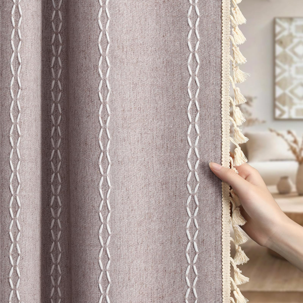 Boho 100% Blackout Curtains 84 Inch 2 Panels Linen Blend Beige