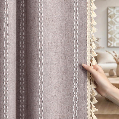 Boho 100% Blackout Curtains 84 Inch 2 Panels Linen Blend Beige