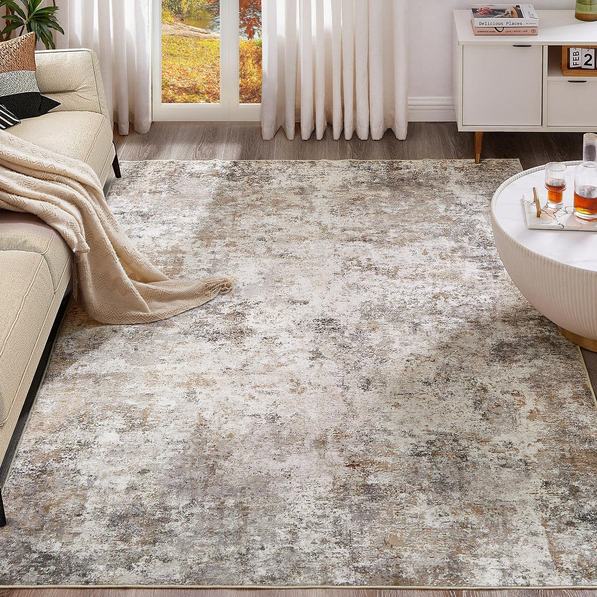 UERMEI 8x10 Area Rug Living Room Rugs - Washable Neutral Modern Abstract Soft Thin Large Rug Indoor Floor No Slip Rug Carpet for Bedroom Under Dining Table Home Office Decor - Brown Grey