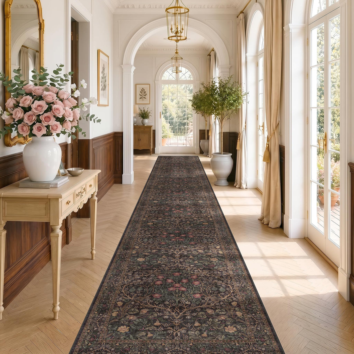 Floral Dark Green Washable Area Rugs 8x10, Vintage Living Room Rug