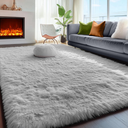 Fluffy Grey Rug for Bedroom 4x6, Modern Area Rugs for Kids Room Living Room