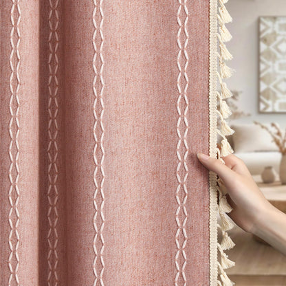 Boho 100% Blackout Curtains 84 Inch 2 Panels Linen Blend Beige