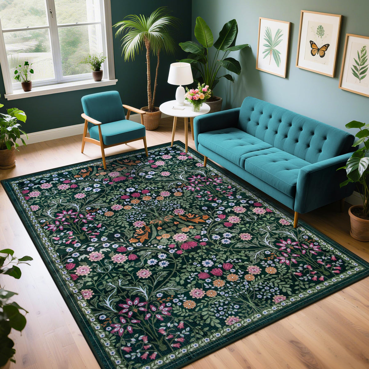 PLHXFR 8x10 Area Rug Living Room: Floral Washable Boho Carpet Dark Green