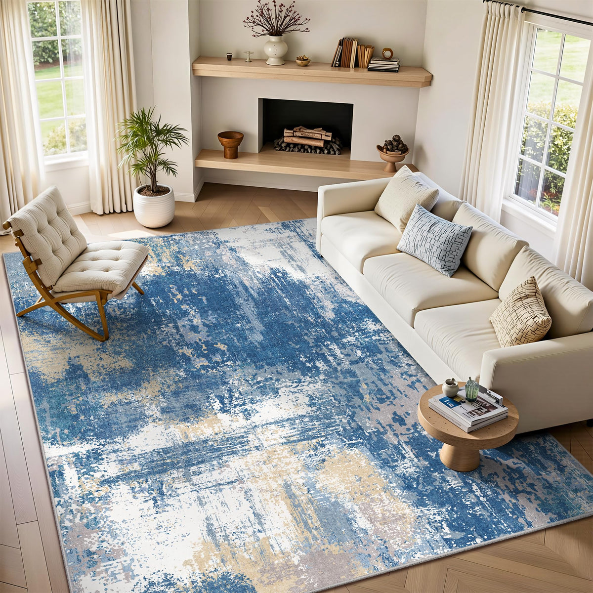 8x10 Rugs for Living Room - Modern Abstract Low Pile Washable Rug, Ultra Soft Non Slip Large Rugs, Floor Carpet for Bedroom Dining Room Office Laundry Nursery Home(Brown)