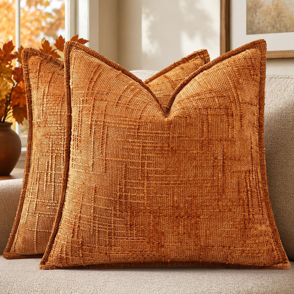 decorUhome Chenille Fall Throw Pillow Covers 18x18 Set of 2, Mustard Yellow