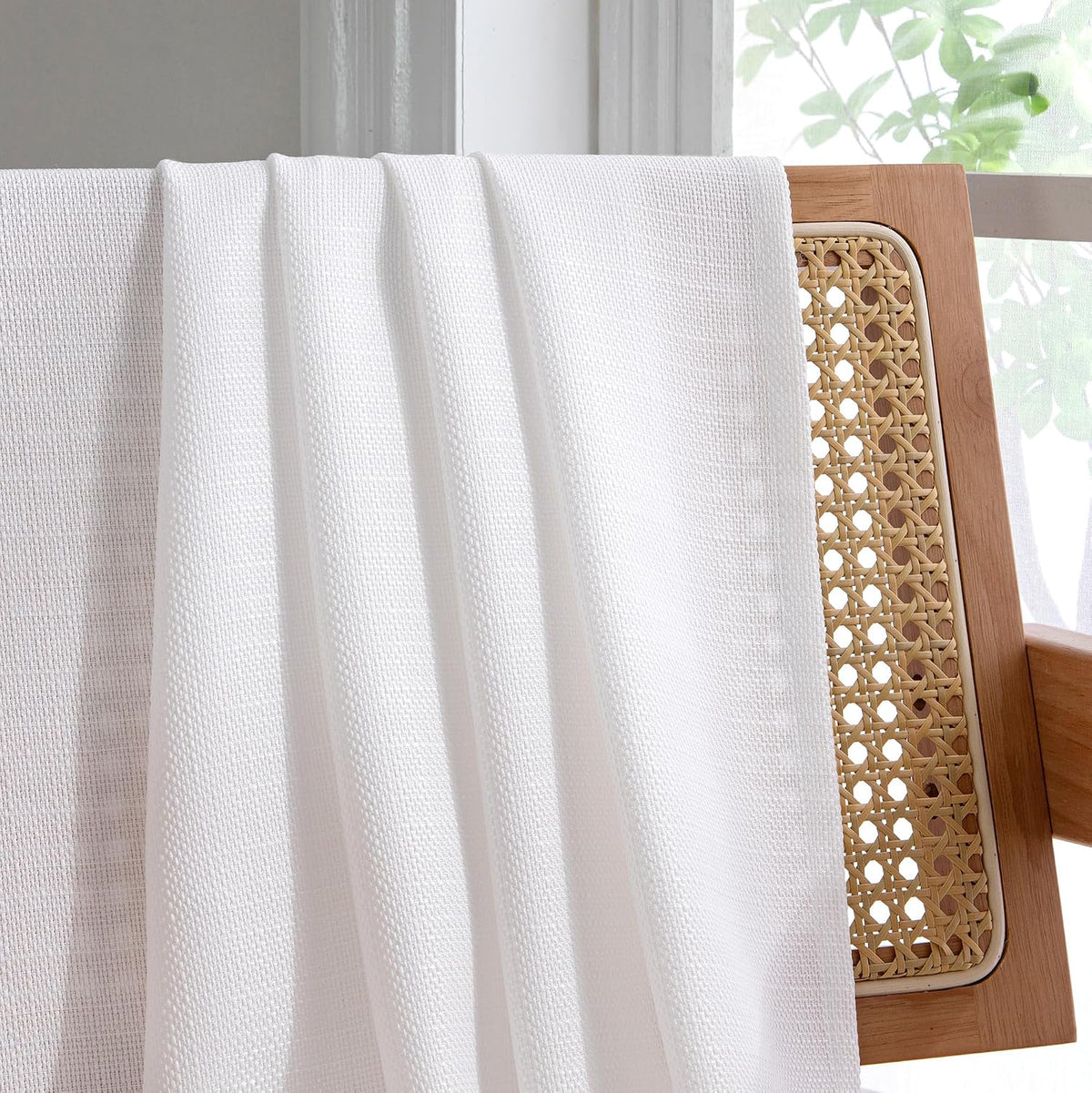 Chyhomenyc White Curtains 45 Inch Length 2 Panels, Faux Linen Textured