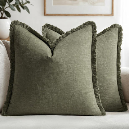 MIULEE Linen Fringe Decorative Fall Throw Pillow Covers Cocoa Brown 18x18