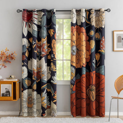 Tyrot Black Boho Floral Grommet Blackout Curtains, 52W x 84L, 2 Panels