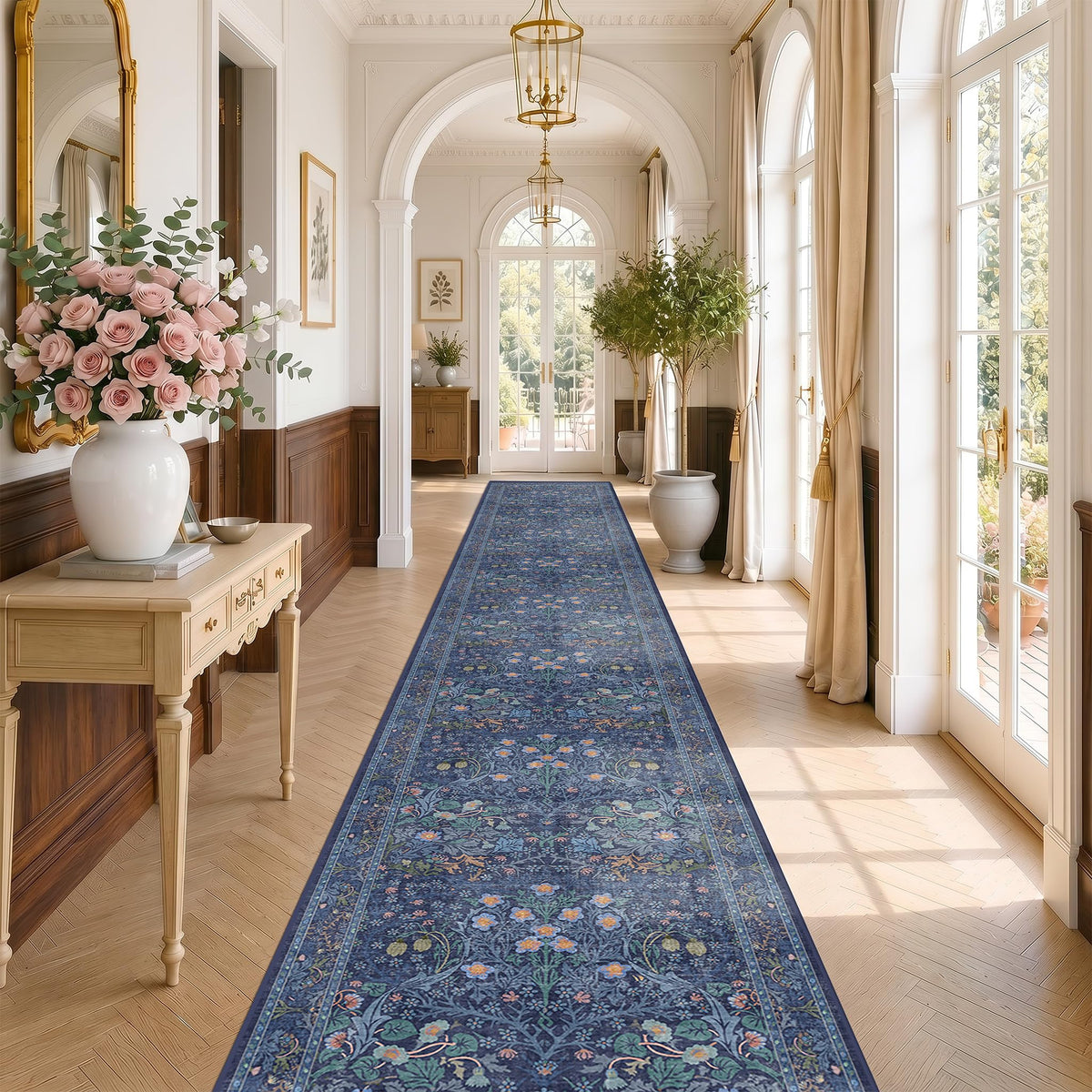 Floral Dark Green Washable Area Rugs 8x10, Vintage Living Room Rug