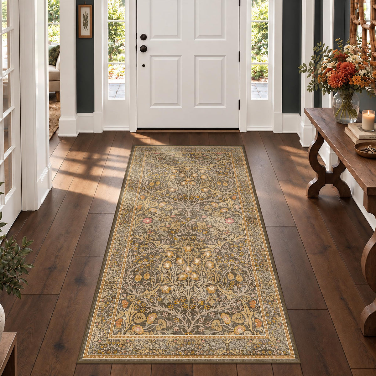 Floral Dark Green Washable Area Rugs 8x10, Vintage Living Room Rug