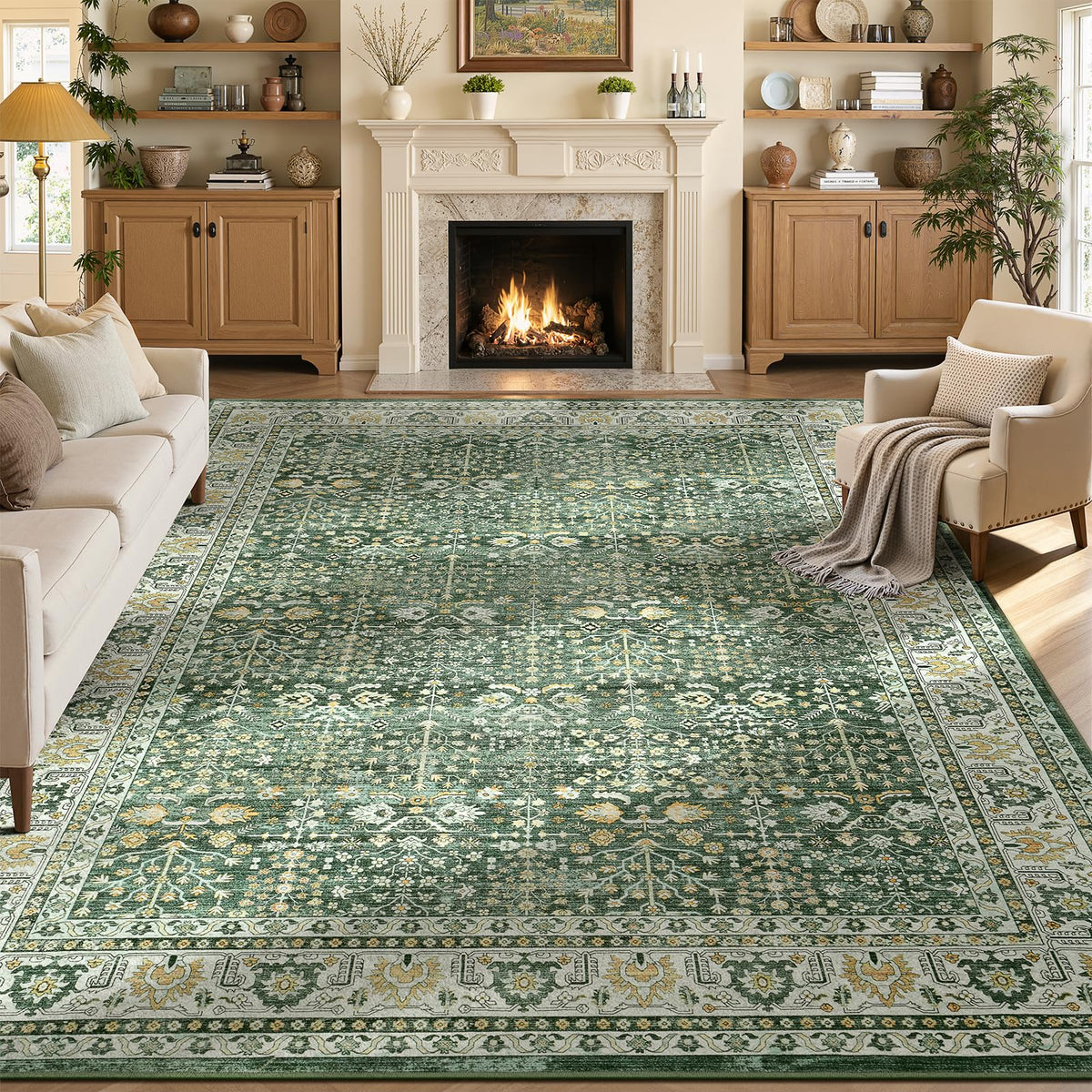 Lofus 9x12 Washable Area Rug for Living Room, Non-Slip Green Boho Carpet