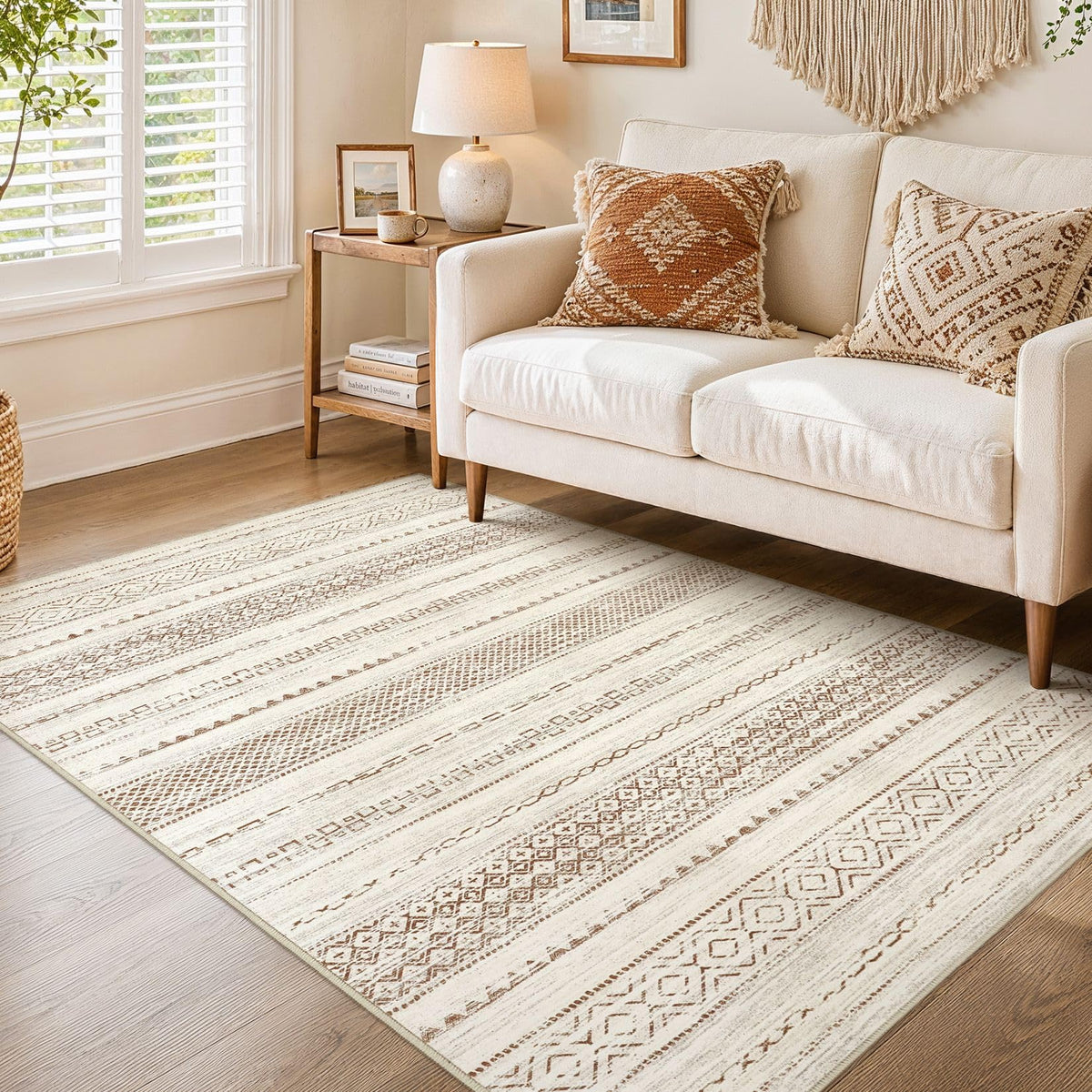 Nakagishi Boho 5x7 Area Rug Living Room Rugs Machine Washable Beige/Brown