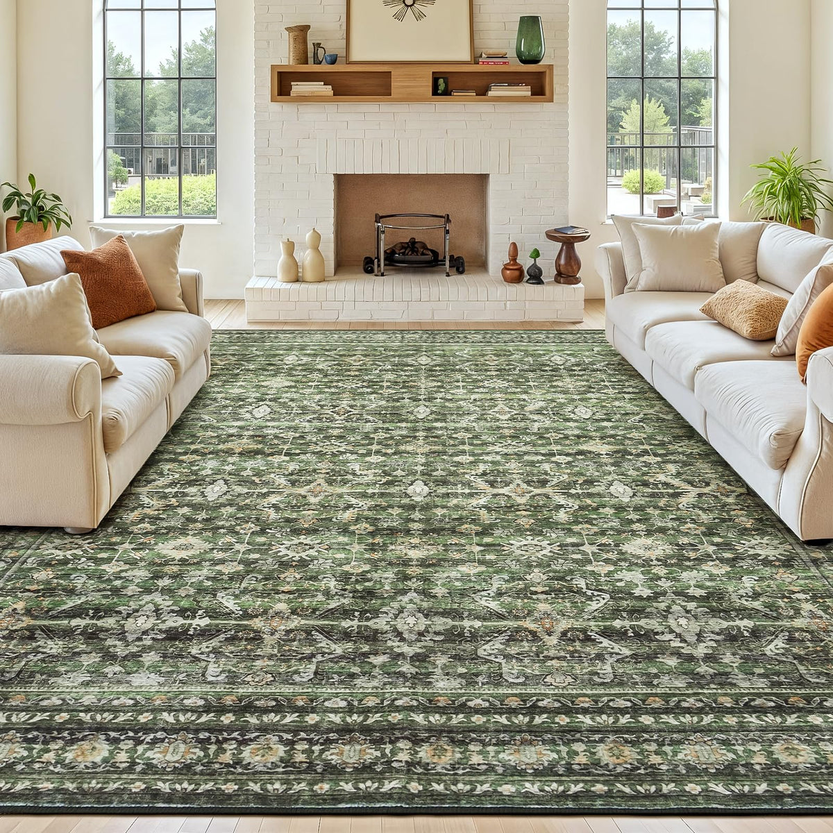 8x10 Area Rugs for Living Room Green Washable Non-Slip Large Carpet