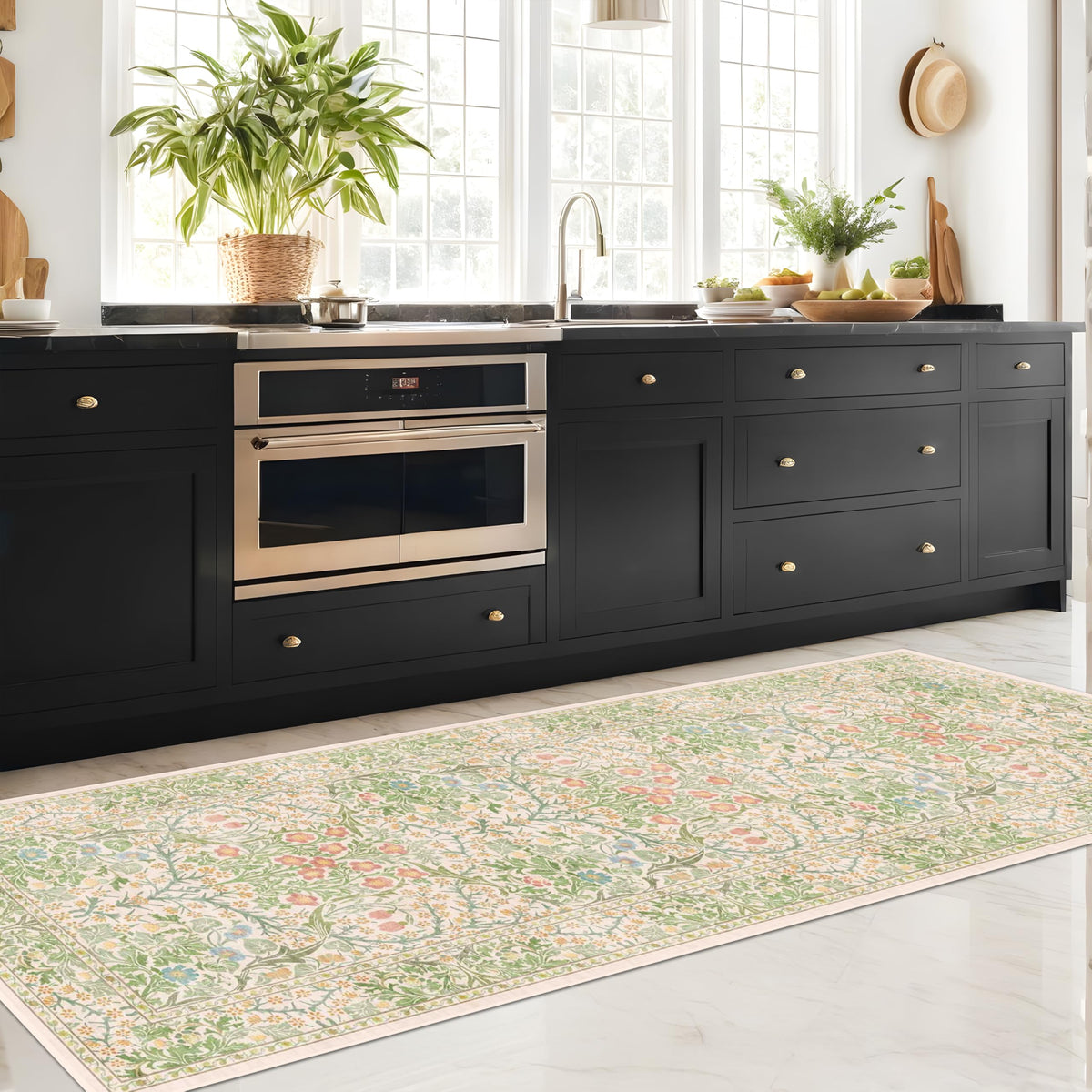 Floral Dark Green Washable Area Rugs 8x10, Vintage Living Room Rug