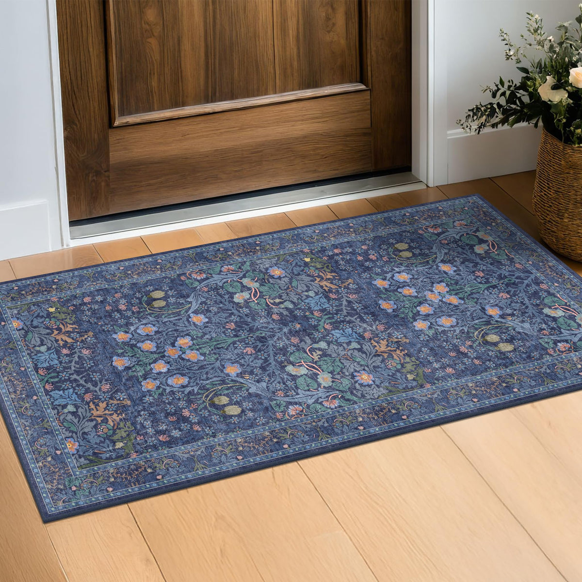 Floral Dark Green Washable Area Rugs 8x10, Vintage Living Room Rug