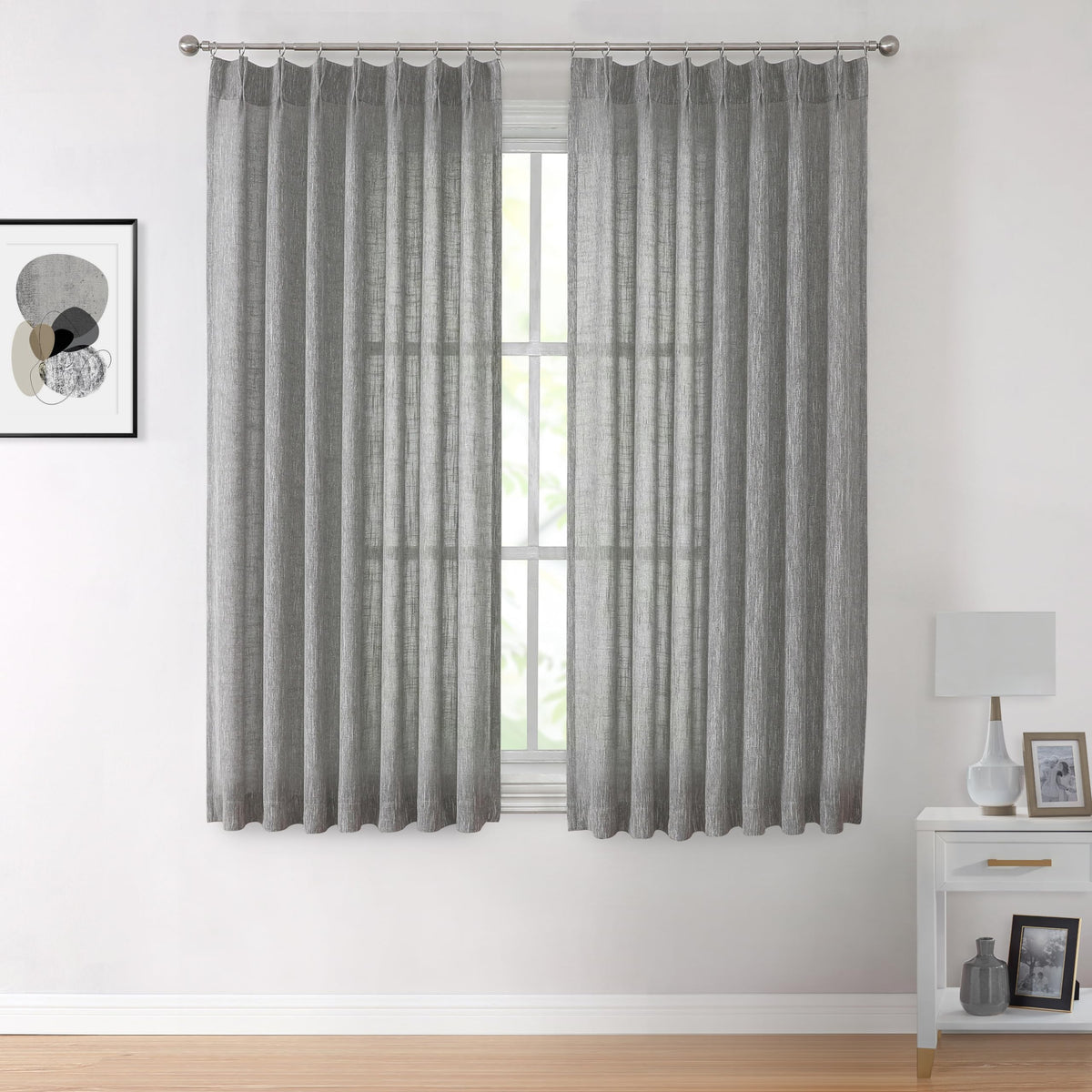 Vision Home Natural Linen Pinch Pleated Semi Sheer Curtains 42Wx90Lx2