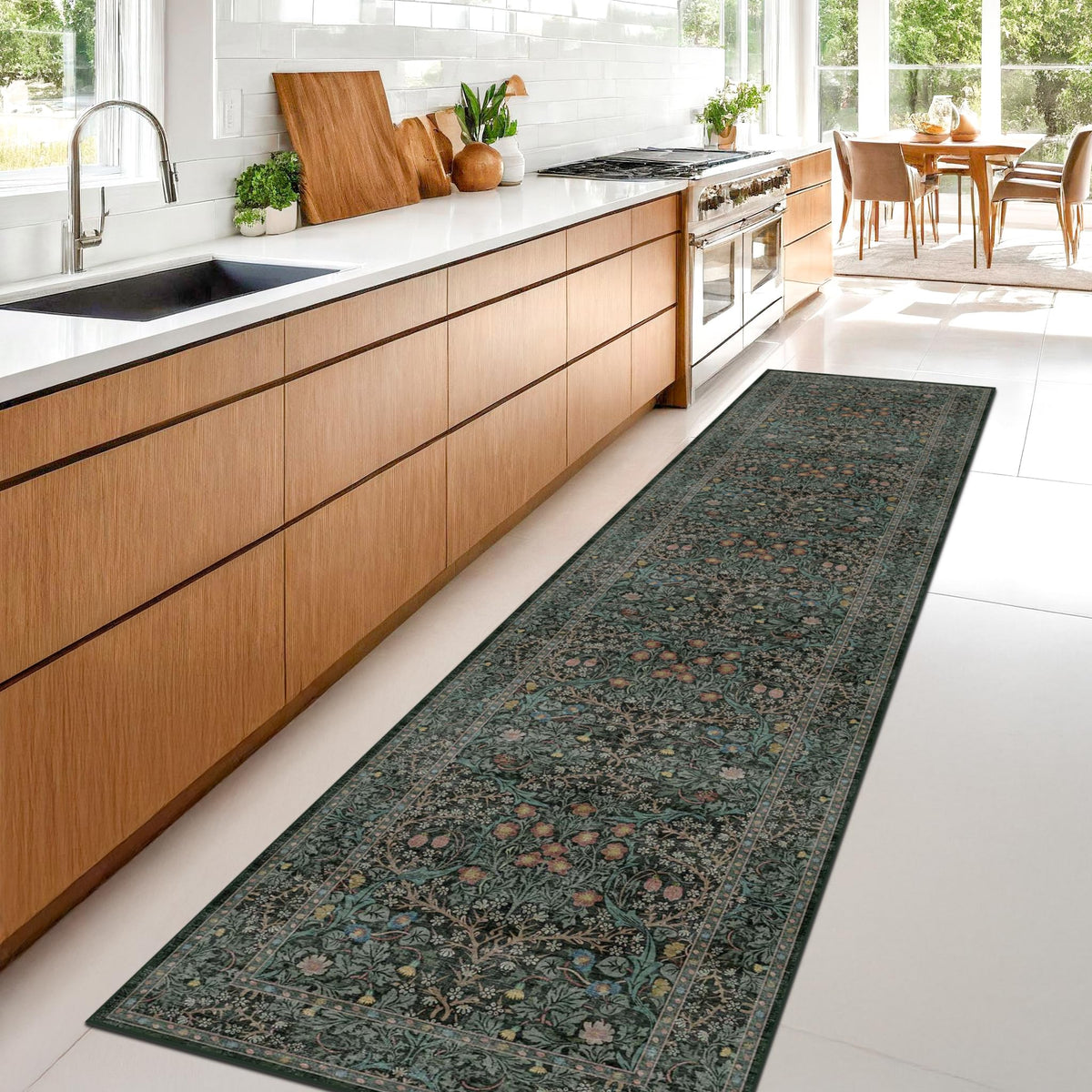 Floral Dark Green Washable Area Rugs 8x10, Vintage Living Room Rug