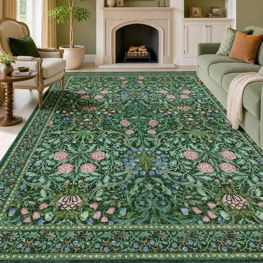 Lotus Karen Dark Green 8x10 Washable Area Rug, Vintage Low Pile Carpet with Non Slip Backing, Large Indoor Rug for Living Room Dining Room Bedroom Kitchen Under Table, Stain Resistant Home Decor