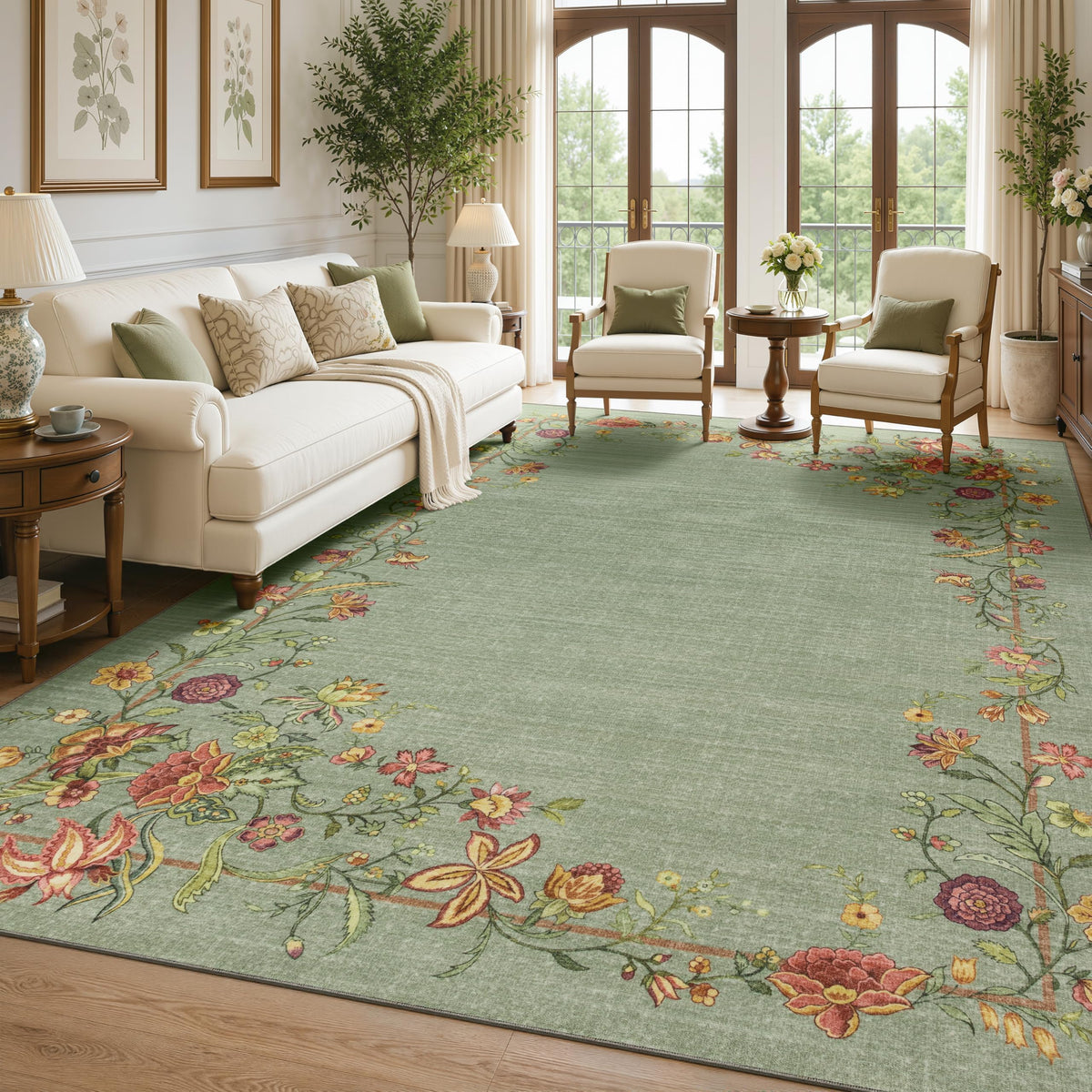 JOLLYVOGUE Washable 8x10 Area Rug for Living Room, Vintage Floral, Beige