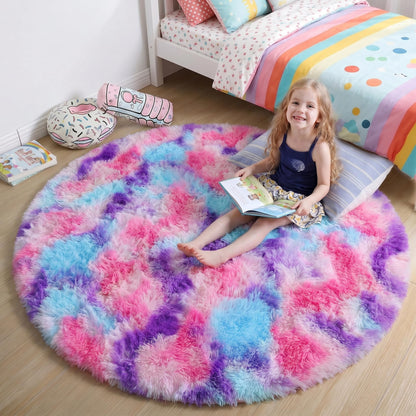 Amdrebio Pink Circle Round Fluffy Area Rug 4Ft for Girls Bedroom Kids Room