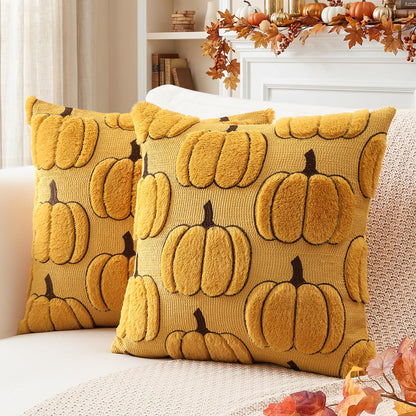 Artscope Fall Pumpkin Throw Pillow Covers 18x18 Set of 2, Autumn Soft Plush Faux Fur Decoration Cushion Covers for Thanksgiving & Halloween Couch Sofa Bedroom Home Decor-Rust