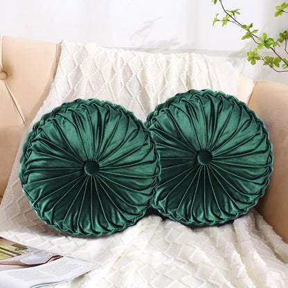 HIG Set of 2 Beige Velvet Decorative Round Pleated Throw Pillows