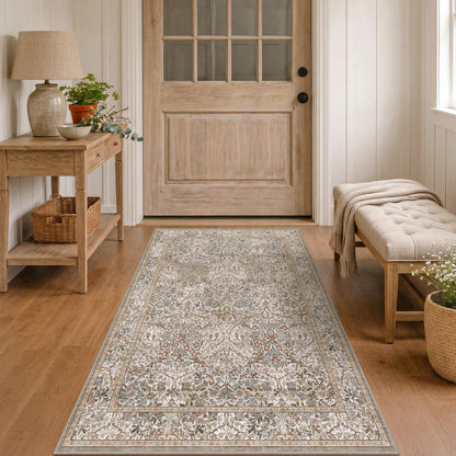 Floral Dark Green Washable Area Rugs 8x10, Vintage Living Room Rug
