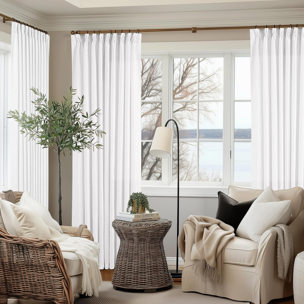 TWODRAPES Natural Pinch Pleated Linen Semi Sheer 84 Inch Curtains 2 Panels