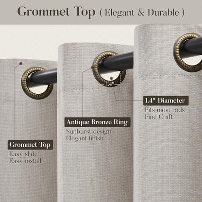 Natural Ivory 100% Blackout Grommet Linen Curtains 90 Inch Long 2 Panels