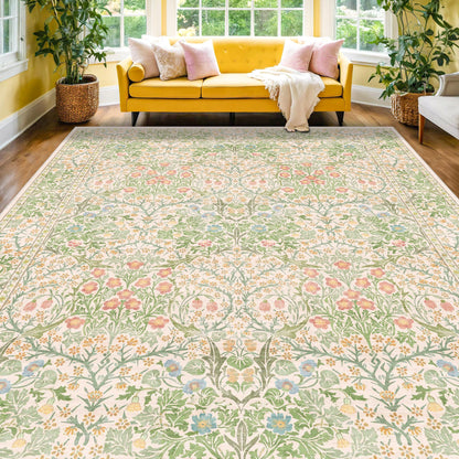 Floral Dark Green Washable Area Rugs 8x10, Vintage Living Room Rug
