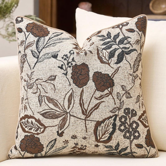 Beige Brown Floral Textured Throw Pillow Cover 18x18 Fall Vintage Rust Pillow Cover Farmhouse Summer Leaf Cushion Cover Chenille Neutral Flower Pillowcase Home Decor for Sofa Living Room Bed