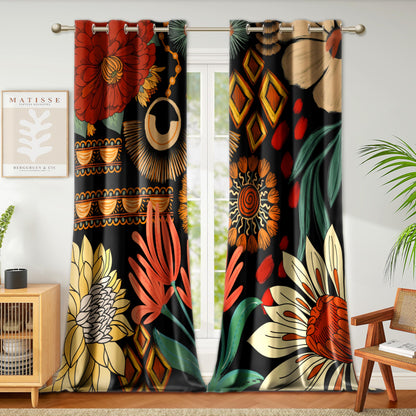 Tyrot Black Boho Floral Grommet Blackout Curtains, 52W x 84L, 2 Panels
