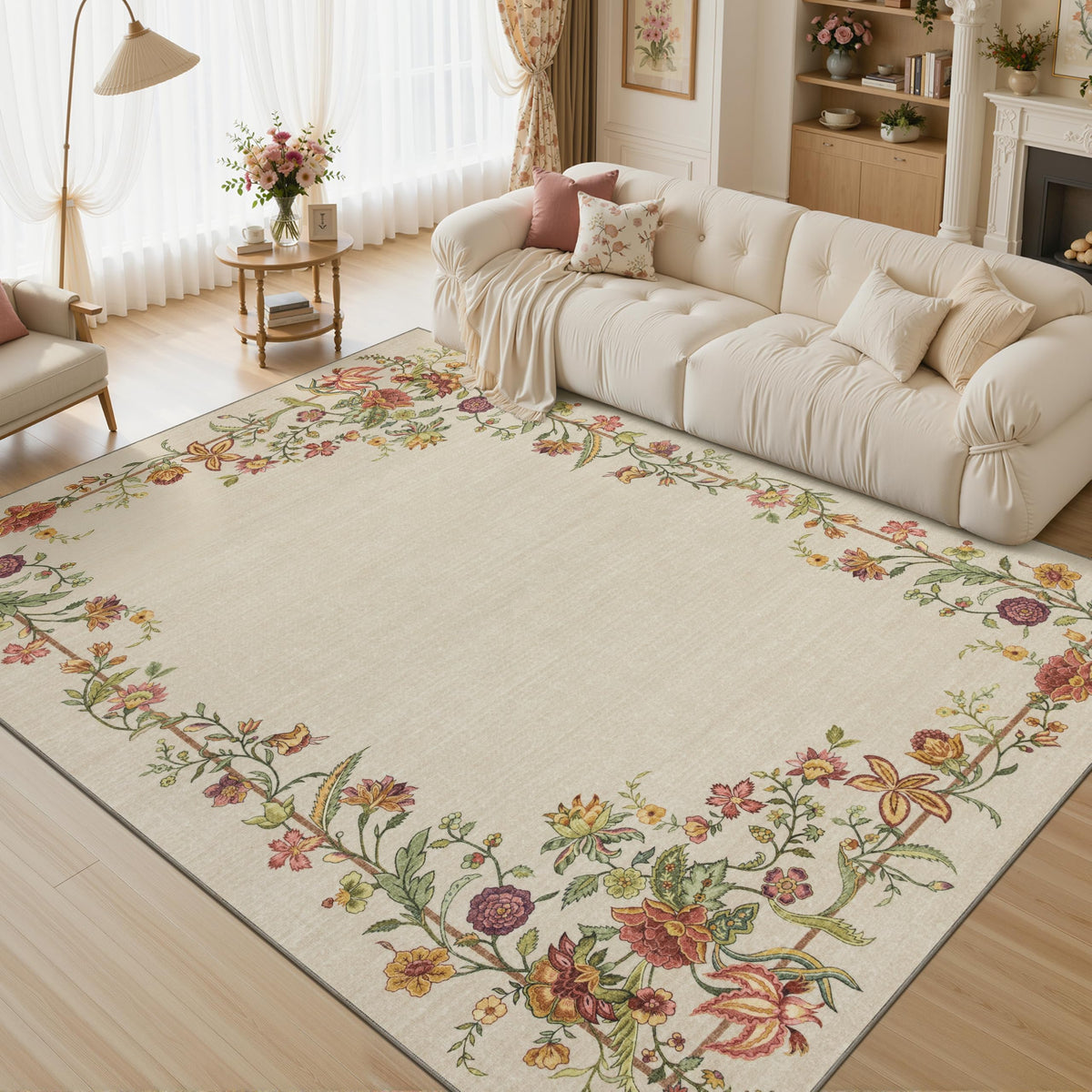 JOLLYVOGUE Washable 8x10 Area Rug for Living Room, Vintage Floral, Beige