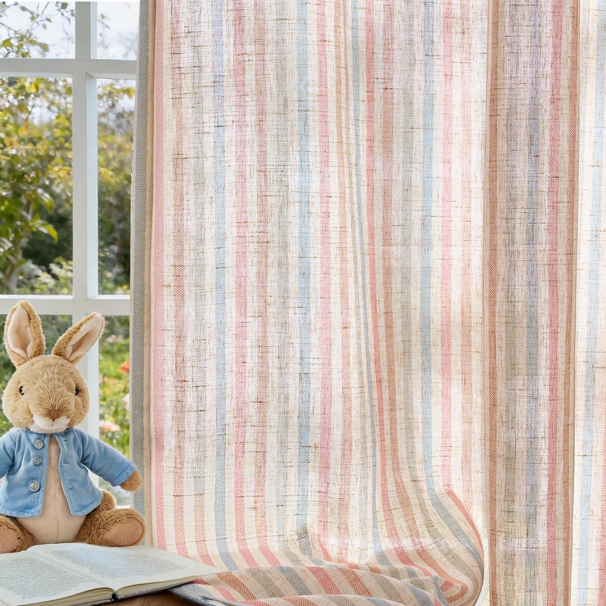Vangao Linen Curtains for Living Room, Striped Blue Curtains 84L, 2 Panels