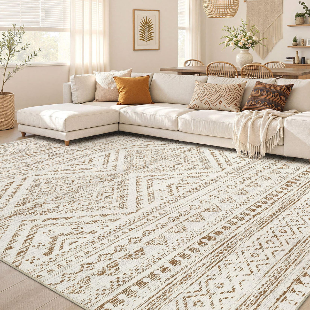 Nakagishi Boho 5x7 Area Rug Living Room Rugs Machine Washable Beige/Brown