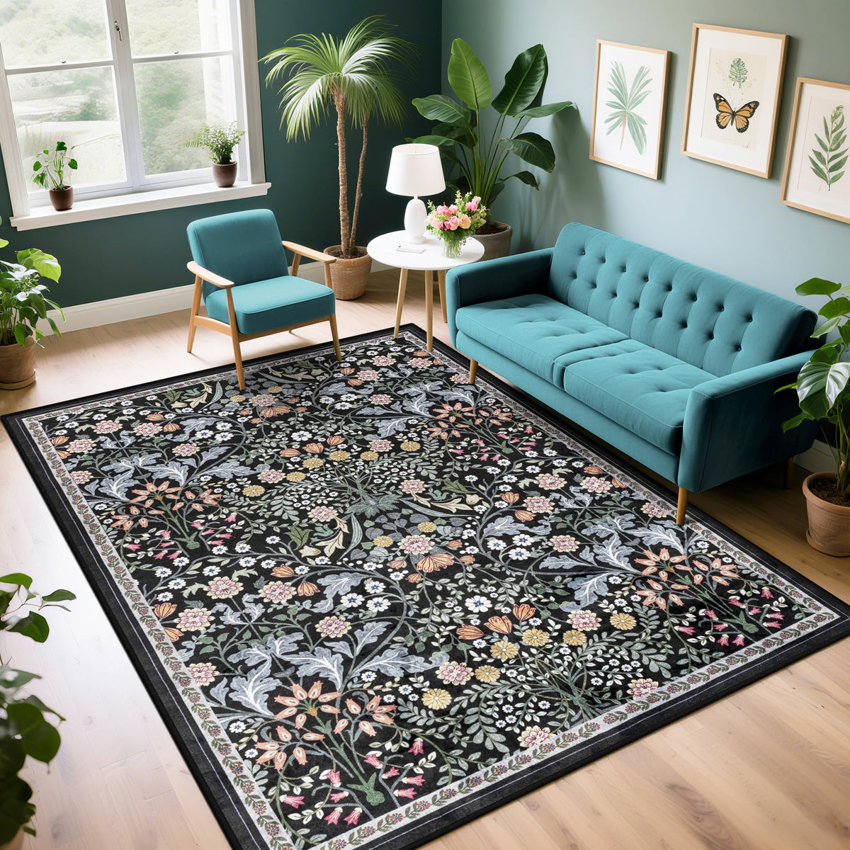 PLHXFR 8x10 Area Rug Living Room: Floral Washable Boho Carpet Dark Green