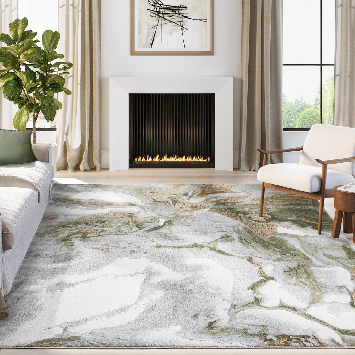 Abani Regal Collection Area Rug - Abstract Dark Grey Cracked Stone Design - 4' x 6' - Washable - for Living Room, Bedroom & Office