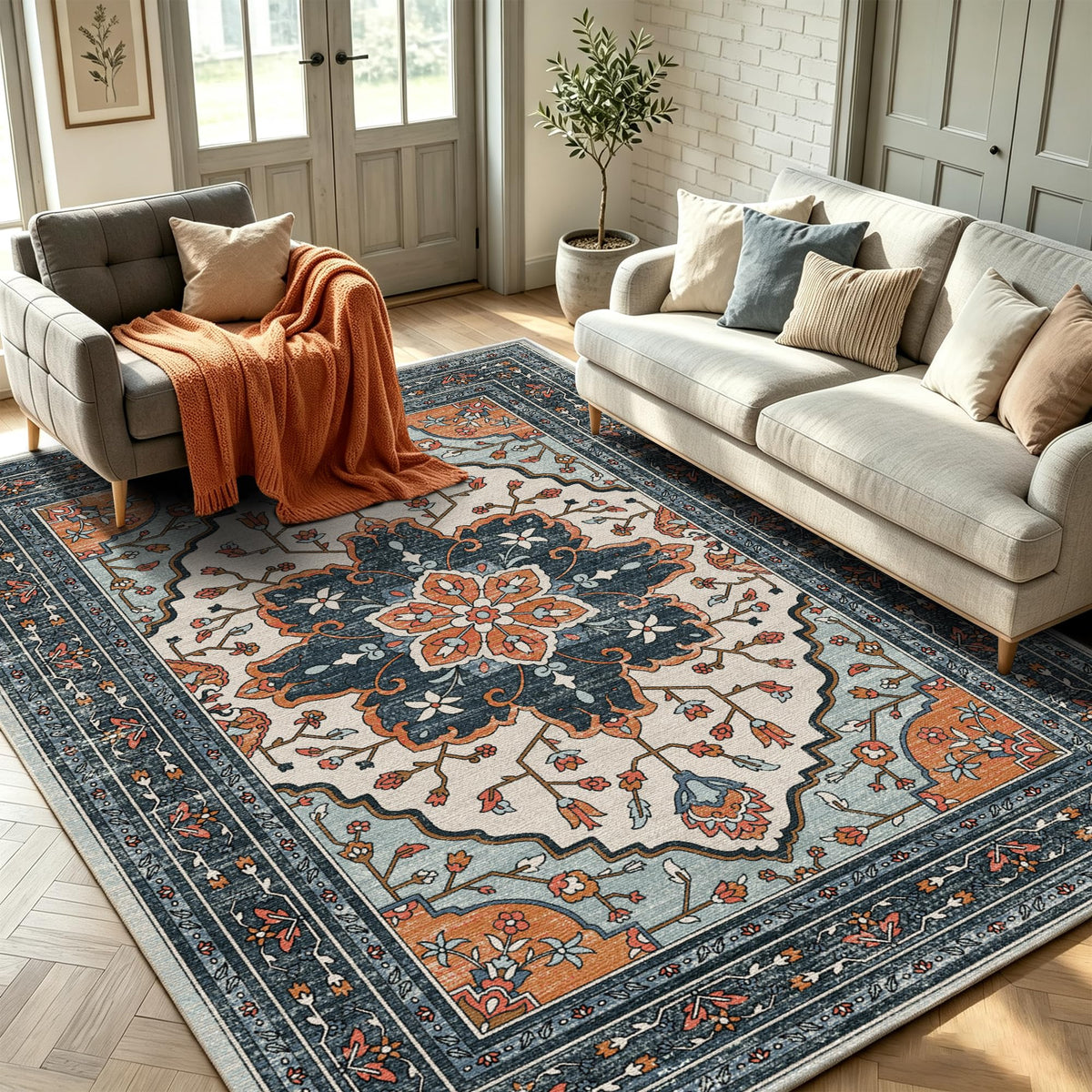 YARNSCAPE 5' x 7' Machine Washable Area Rug, Non-Slip Low-Pile Carpet