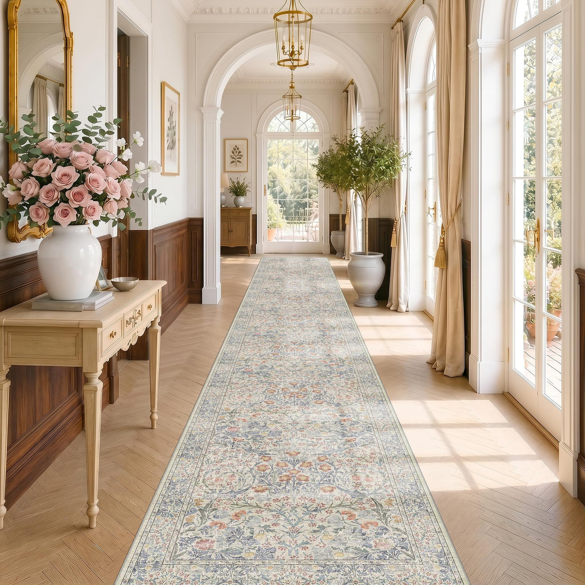 Floral Dark Green Washable Area Rugs 8x10, Vintage Living Room Rug