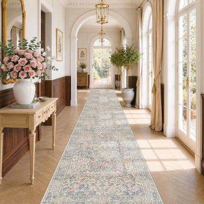 Floral Dark Green Washable Area Rugs 8x10, Vintage Living Room Rug
