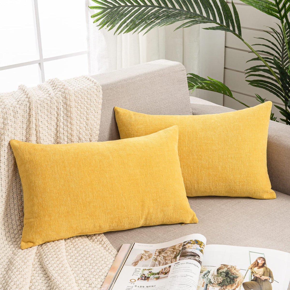 GAWAMAY Lumbar Support Pillow Decorative Rectangle Throw Pillow Covers 12"x20" Inch Set of 2, Soft Chenille Fall Pillowcase for Living Room Bedroom Sofa Couch Cushion Cover Grey 30x50cm (No Insert)