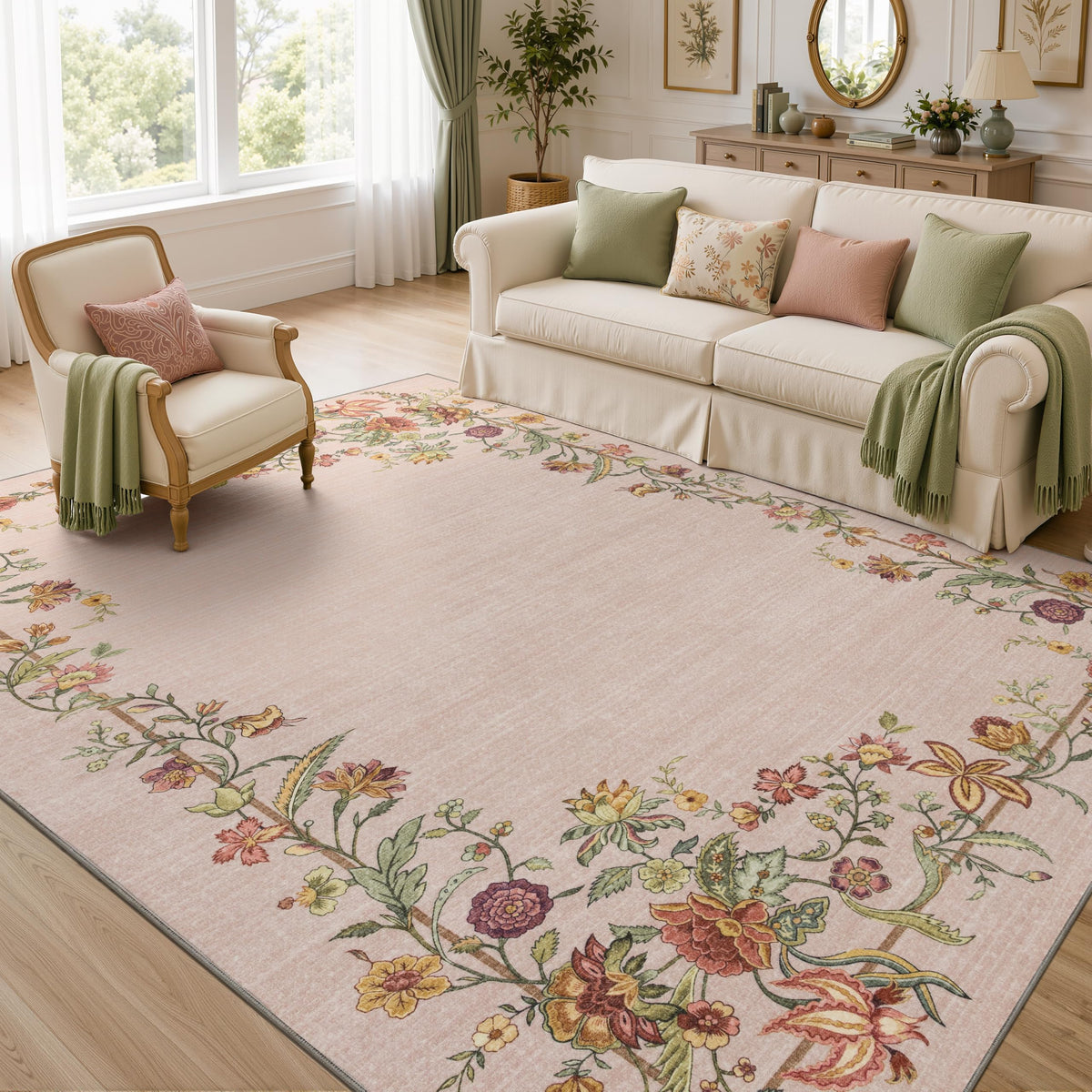JOLLYVOGUE Washable 8x10 Area Rug for Living Room, Vintage Floral, Beige