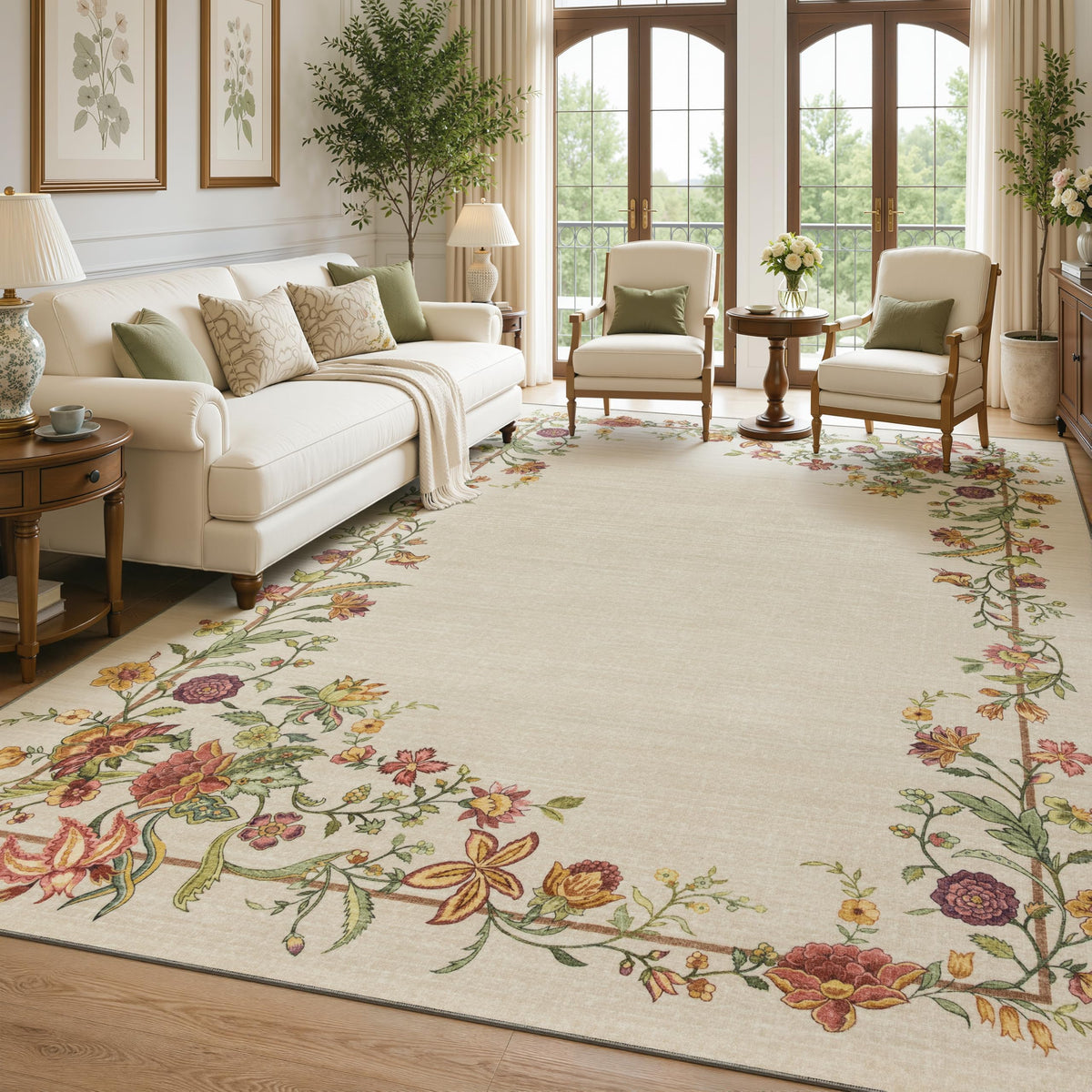 JOLLYVOGUE Washable 8x10 Area Rug for Living Room, Vintage Floral, Beige