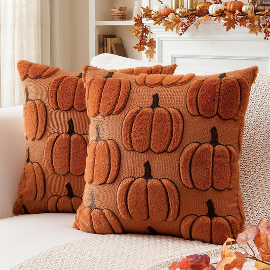 Artscope Fall Pumpkin Throw Pillow Covers 18x18 Set of 2, Autumn Soft Plush Faux Fur Decoration Cushion Covers for Thanksgiving & Halloween Couch Sofa Bedroom Home Decor-Rust