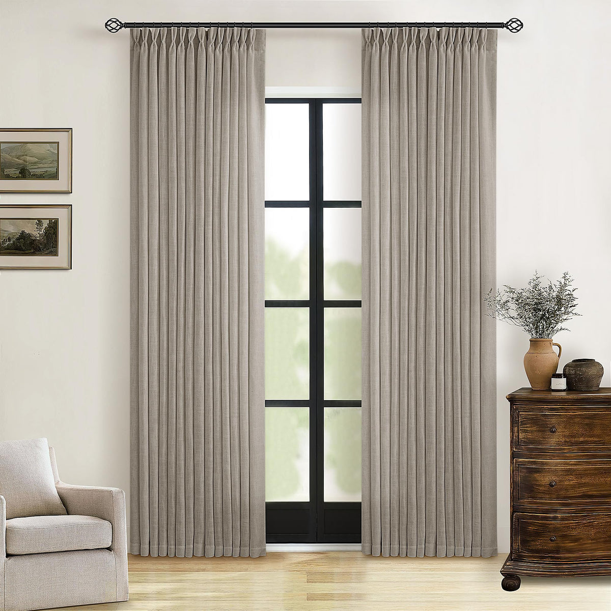 TWODRAPES Natural Pinch Pleated Linen Semi Sheer 84 Inch Curtains 2 Panels