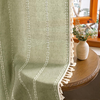 Boho 100% Blackout Curtains 84 Inch 2 Panels Linen Blend Beige