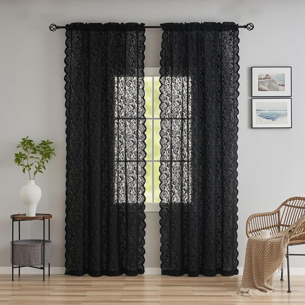 ALIGOGO Black Lace Curtains for Living Room, Gothic Decor, 52W x 84L Inch